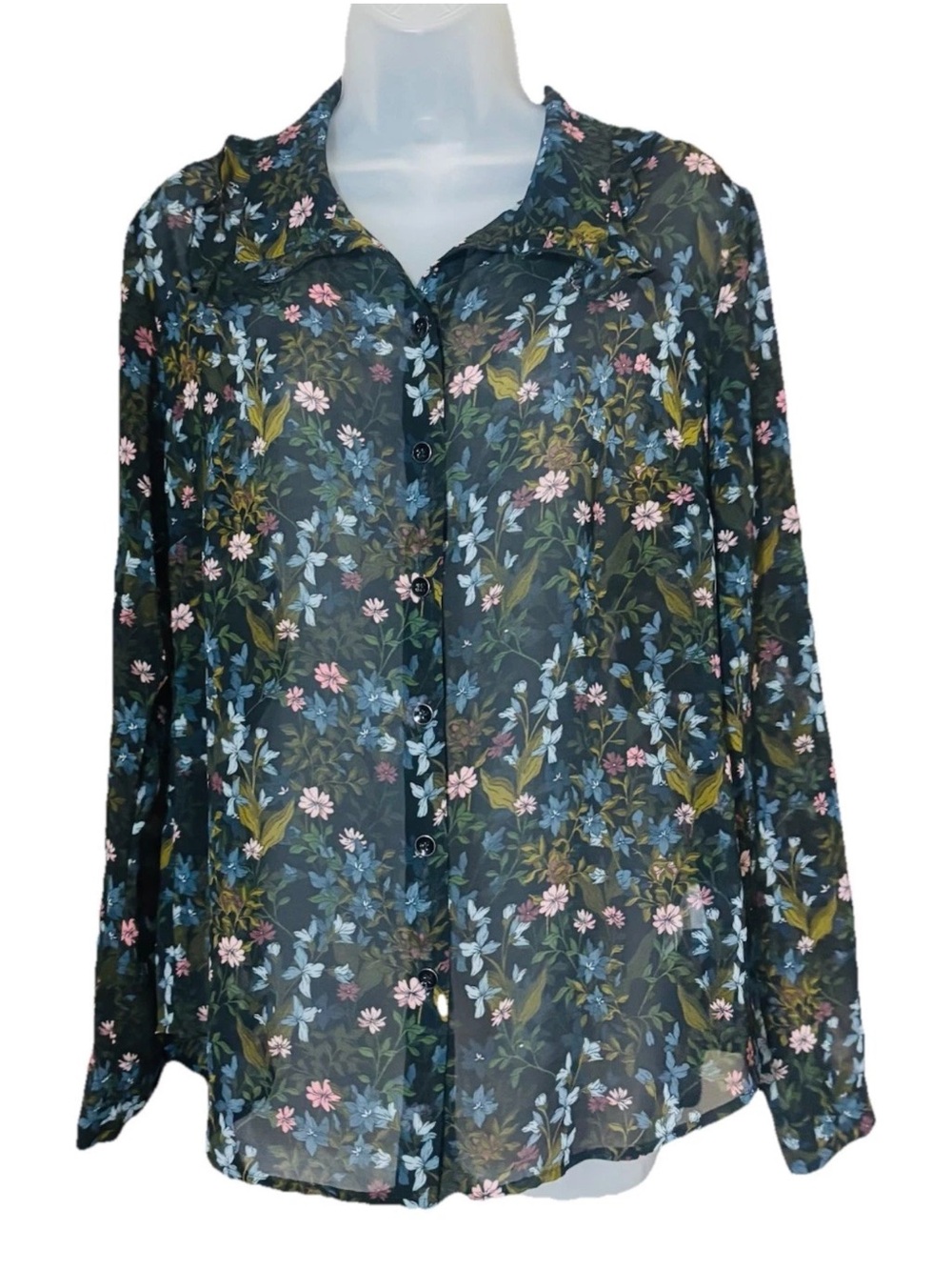 CAbi Floret Blouse #3593 Black Sheer Dark Floral Hillside Blouse Top Size Small